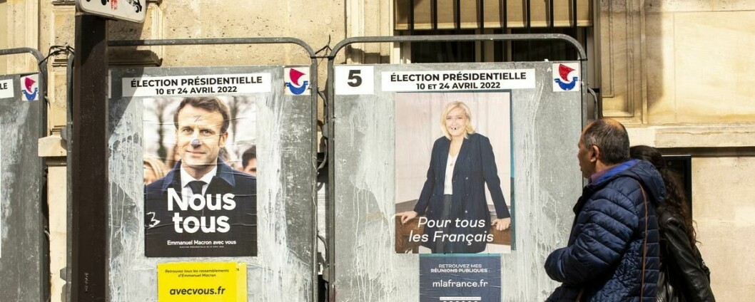 Usikkert utfall: Det er så jevnt mellom presidentkandidatene Emmanuel Macron og Marine Le Pen etter første valgomgang at det er vanskelig å forutsi noe om resultatet.