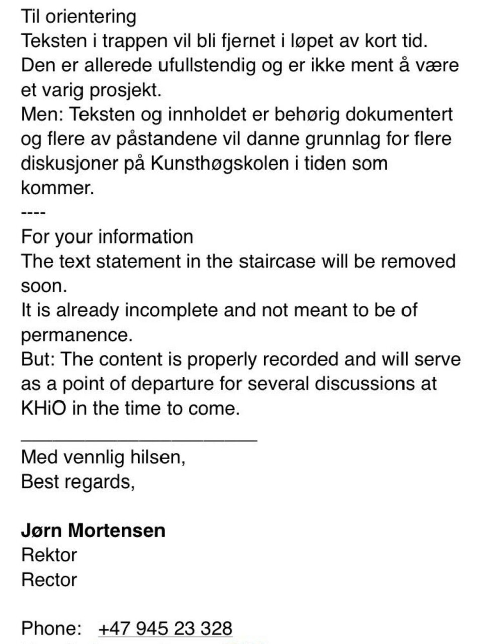 FJERNES: Denne mailen ble sendt til studenter ved KHiO.
