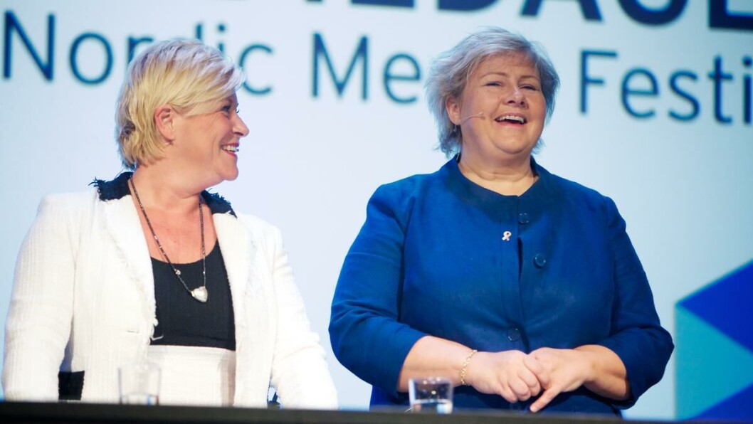Budsjettdager: Regjeringen la i dag frem sitt forslag til statsbudsjettet. Her er Siv og Erna på nordiske mediedager tilbake i 2013. Budsjettdager: Regjeringen la i dag frem sitt forslag til statsbudsjettet. Her er Siv og Erna på nordiske mediedager tilbake i 2013.