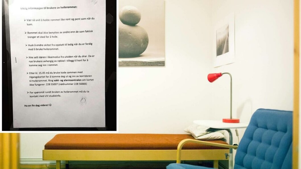Hvilerommet: Rommet er meget spartansk innredet, men har en seng, en sofa og en håndvask. På inngangsdøren henger det en lapp som sier: «ikke benyttes av andre enn de som faktisk trenger et sted for å hvile». Hvilerommet: Rommet er meget spartansk innredet, men har en seng, en sofa og en håndvask. På inngangsdøren henger det en lapp som sier: «ikke benyttes av andre enn de som faktisk trenger et sted for å hvile».