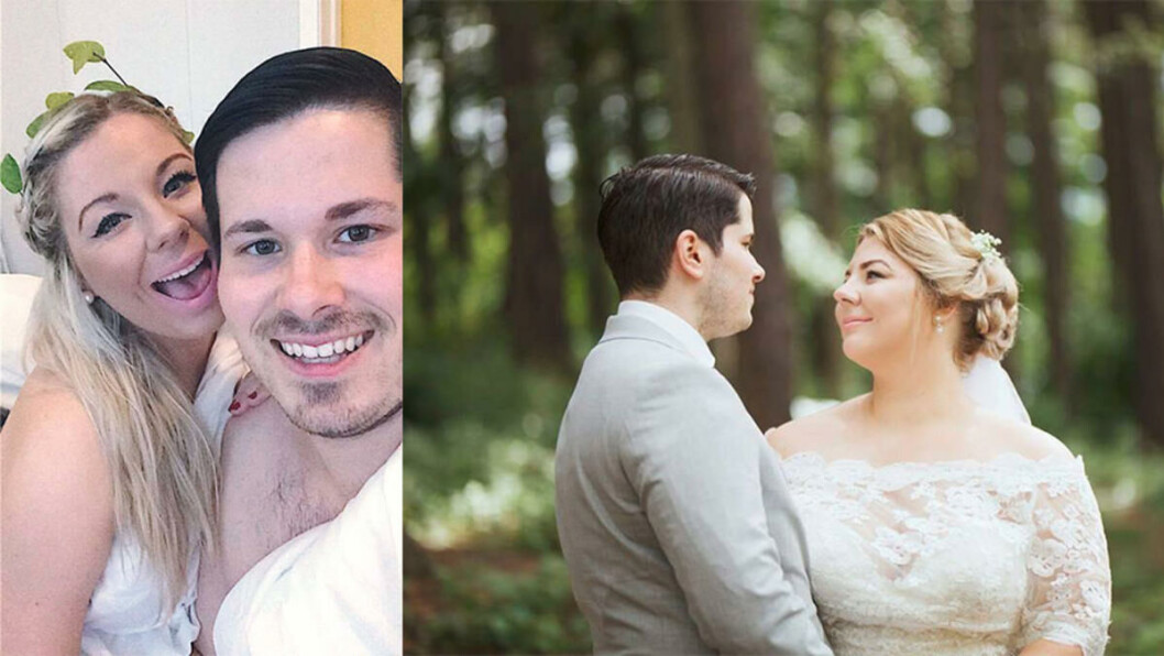Vidunderverker: En fadderuke kan gjøre vidunderverker for sivilstatusen, slik Caroline og Mathias er et eksempel på. Til venstre: En selfie tatt den skjebnesvangre kvelden da Mathias sølte vin på seg selv. Til høyre: Bryllupsbilde under to år senere. Vidunderverker: En fadderuke kan gjøre vidunderverker for sivilstatusen, slik Caroline og Mathias er et eksempel på. Til venstre: En selfie tatt den skjebnesvangre kvelden da Mathias sølte vin på seg selv. Til høyre: Bryllupsbilde under to år senere.