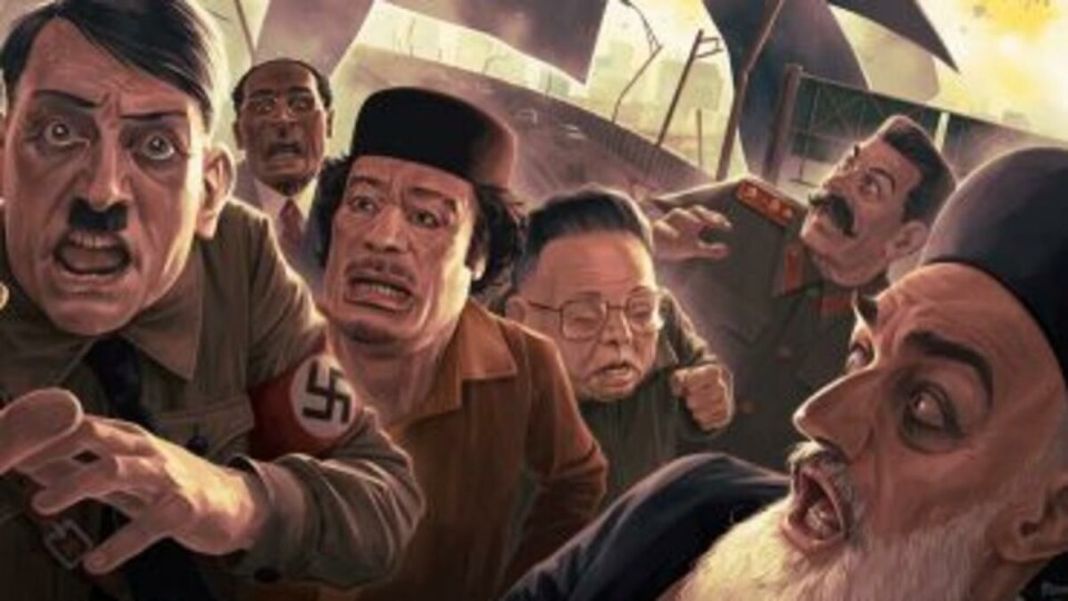 IMAM KHOMEINI: Til høyre i bildet er Irans tidligere leder ayatollah Khomeini avbildet sammen med blant annet Adolf Hitler og Josef Stalin.