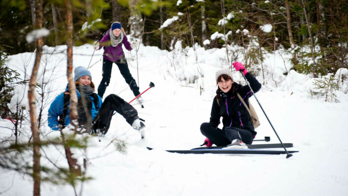 IKKE FØDT MED SKI PÅ BEINA: Samtlige ti av Universitas-journalistene gikk på trynet da de prøvde seg med ski på bena.