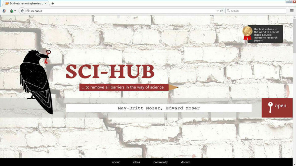 Sci-Hub: Slik ser søkemotoren til Sci-Hub ut. Her kan man søke fritt etter navn på forskere, tidsskrift og artikler, i et arkiv på 47 millioner artikler. Skjermdump: Sci-Hub