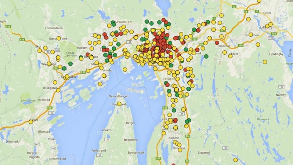 «Dumpster-kartet«: På den hemmelige gruppen for «dumpster divere» i Oslo ligger en oversikt over de beste stedene å sanke mat fra søpla. Foto: Skjermdump, Facebook