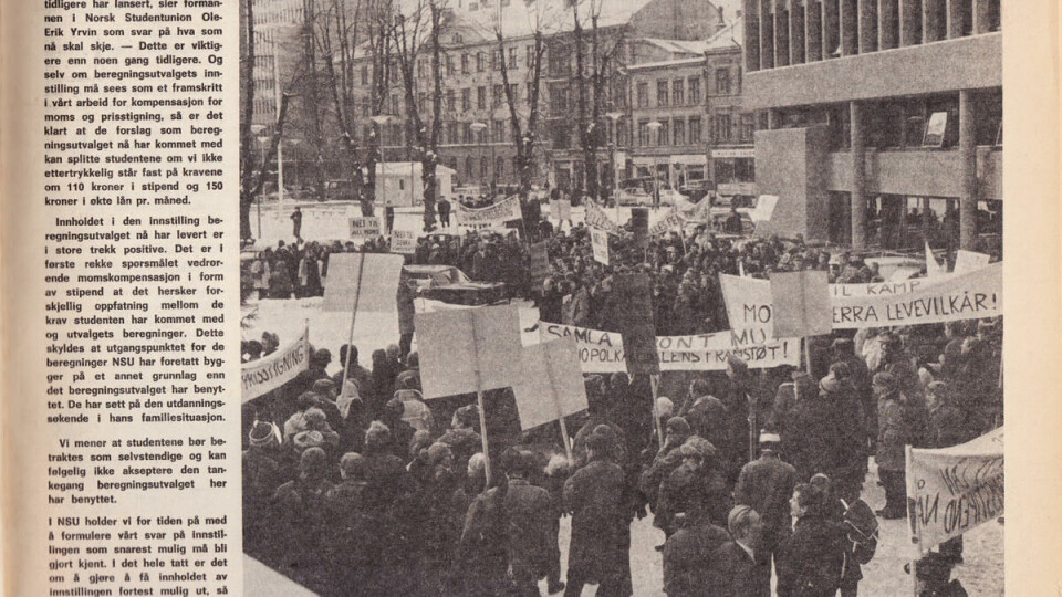 MOMSKAMP: Universitas nr. 4 1970. – Det er klart at de forslag som beregningsutvalget nå har kommet med kan splitte studentene, om vi ikke ettertrykkelig står fast på kravene om 110 kroner i stipend og 150 kr økte lån pr. måned, sa formann i Norsk Studentunion Ole-Erik Yrvin i 1970.
