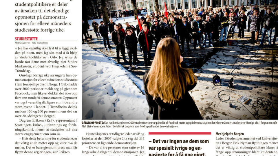 GLISSENT: Universitas nr. 10 2010: Engasjementet på Facebook var stort med over 2000 påmeldte. I virkeligheten dukket ikke flere enn 60 personer opp på demonstrasjonen for elleve måneders studiestøtte.