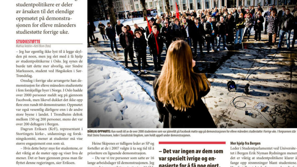 GLISSENT: Universitas nr. 10 2010: Engasjementet på Facebook var stort med over 2000 påmeldte. I virkeligheten dukket ikke flere enn 60 personer opp på demonstrasjonen for elleve måneders studiestøtte.