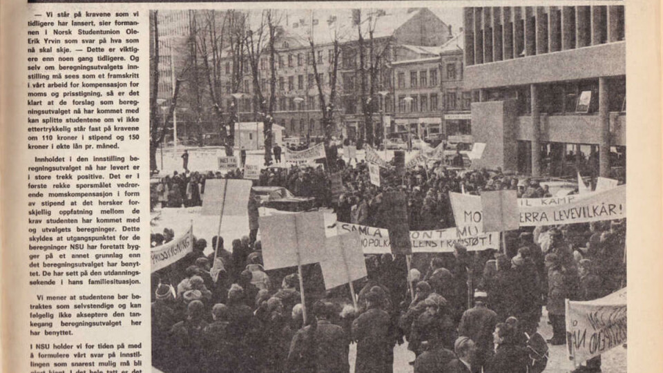 MOMSKAMP: Universitas nr. 4 1970. – Det er klart at de forslag som beregningsutvalget nå har kommet med kan splitte studentene, om vi ikke ettertrykkelig står fast på kravene om 110 kroner i stipend og 150 kr økte lån pr. måned, sa formann i Norsk Studentunion Ole-Erik Yrvin i 1970.