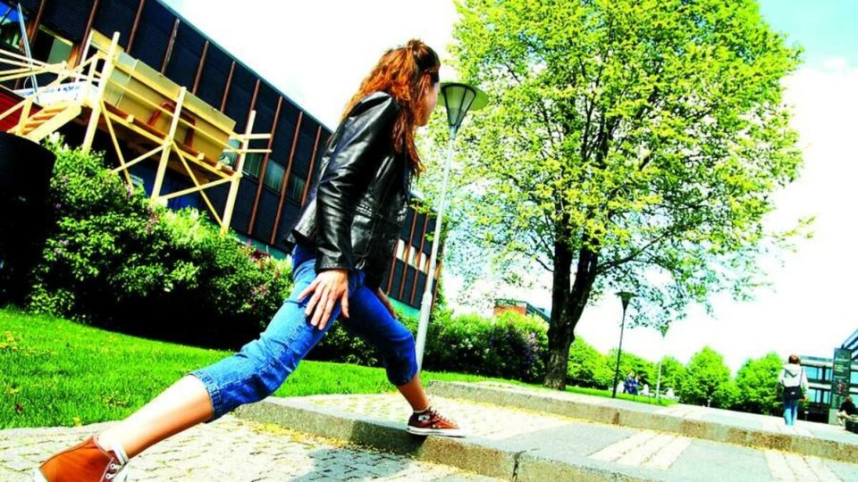 HEI, HVOR DET GÅR: Studenter må strekke seg som gale for å forsere de absurde universitetstrappene.