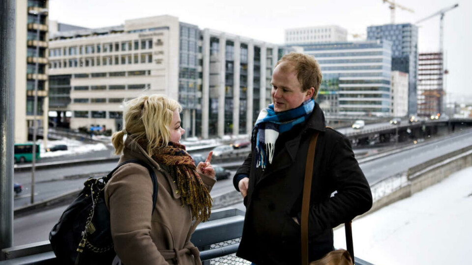 ØYNER MULIGHETER: Mari Berdal Djupvik, leder i Velferdstinget og Fredrik Refsnes, styreleder i Studentskipnaden i Oslo, øyner muligheten for studentboliger i Bjørvika.