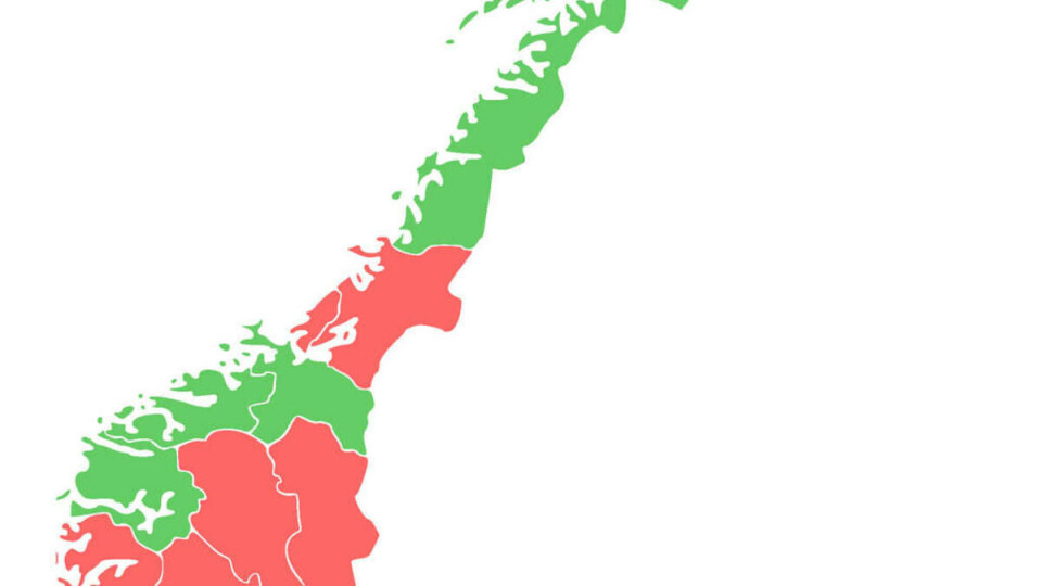 HØYT OG LAVT: De fylkene som har høyest studietilbøyelighet blant ungdom er markert med grønt, de som har lavest er markert med rødt.