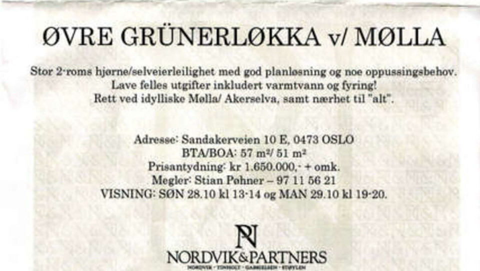 SLEIP ANNONSE: Nordvik & Partners prøver å prakke megadyre boliger på superfattige studenter. (Faksimile.)