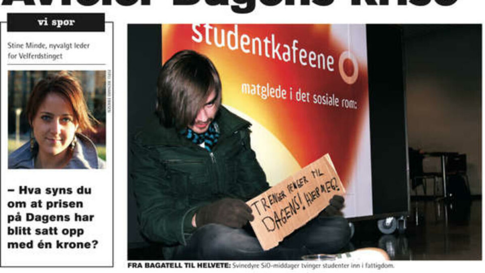 SKJEV FORDELING: Studenter må fortsatt finne seg i å leve på sultegrensen. I mellomtiden ligger Velferdstingslederen på kontoret og bader i tusenlapper.