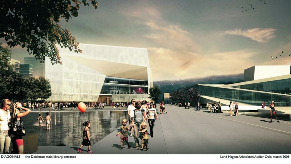 MIDT I SMØRØYET: Operaen (t.h.) og det nye Deichmanske bibliotek. Studentboligene er tiltenkt på baksiden av biblioteket. Illustrasjon: Lund Hagem arkitekter/Atelier Oslo.