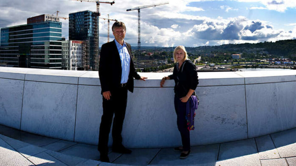HER SKAL BYEN LIGGE: Ola Elvestuen fra Venstre og leder i Velferdstinget, Jenny Nygaard, er skjønt enige om at studentboliger i Bjørvika er en utmerket plan, selv om Venstre har stemt ned billige utleieboliger i området tidligere.