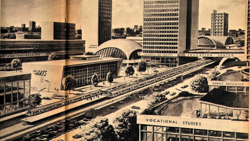 FRAMTIDSVISJON: Slik så ingeniørene i General Electric i 1961 for seg at universitetene kom til å se ut i framtida, med høymoderne transportsystemer som kan flytte opptil 40.000 studenter i timen. Illustrasjon: Flickr/Railroad Magazine (Creative Commons)