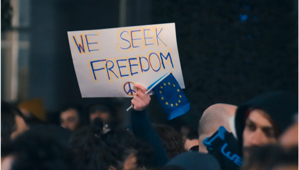 Text on the banner: “We Seek Freedom.” Mass Protests in Tbilisi, Georgia during March 2023.