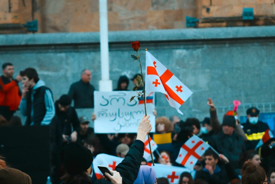 Text on the banner: “No to the Russian Law.” Mass Protests in Tbilisi, Georgia during March 2023.