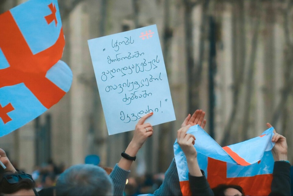 Text on the banner: “Better die through seeking freedom, rather than raise through slavery” (excerpt from a Georgian poem).
Mass Protests in Tbilisi, Georgia during March 2023.