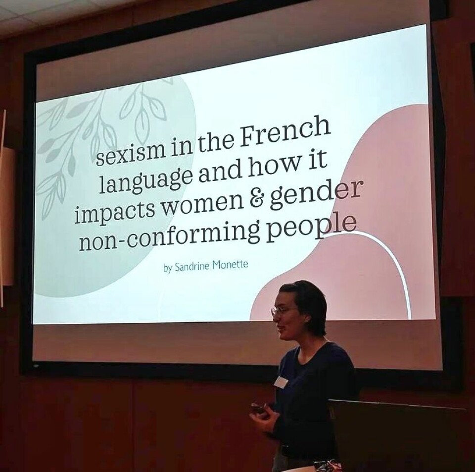 Sandrine, an exchange student from Québec, while holding a presentation during one of SFF’s previous meetings.
