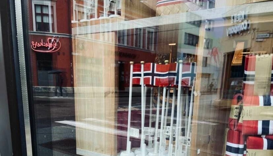 Syttende Mai (17th of May) merch in a Grunerløkka shop window display.