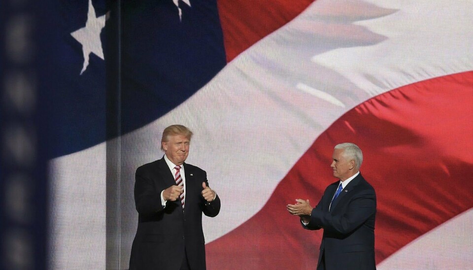 Donald Trump at one of his rallies, with Mike Pence on the left.
