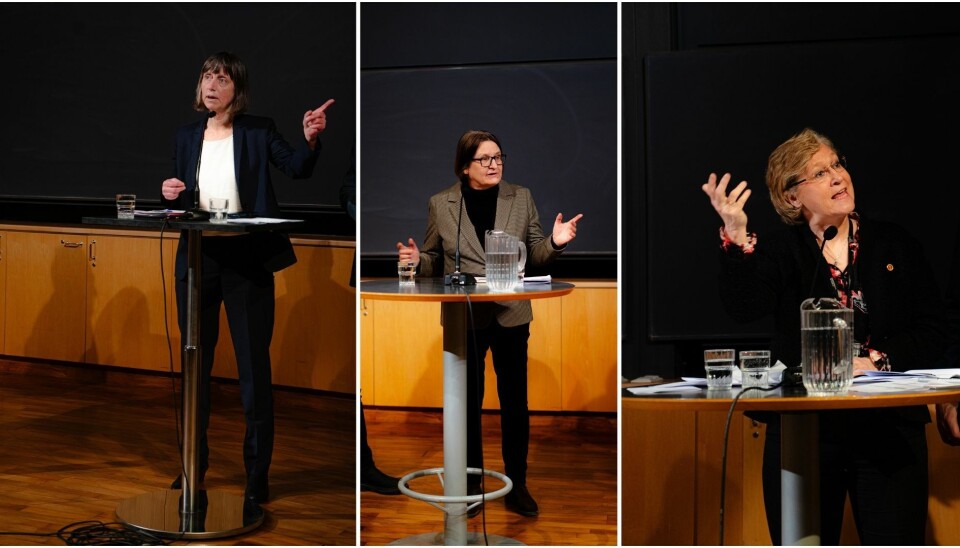 DEBATT: Rektorkandidatene Giske Ursin (t.v.), Ragnhild Hennum og Hanne Flinstad Harbo (t.h.)