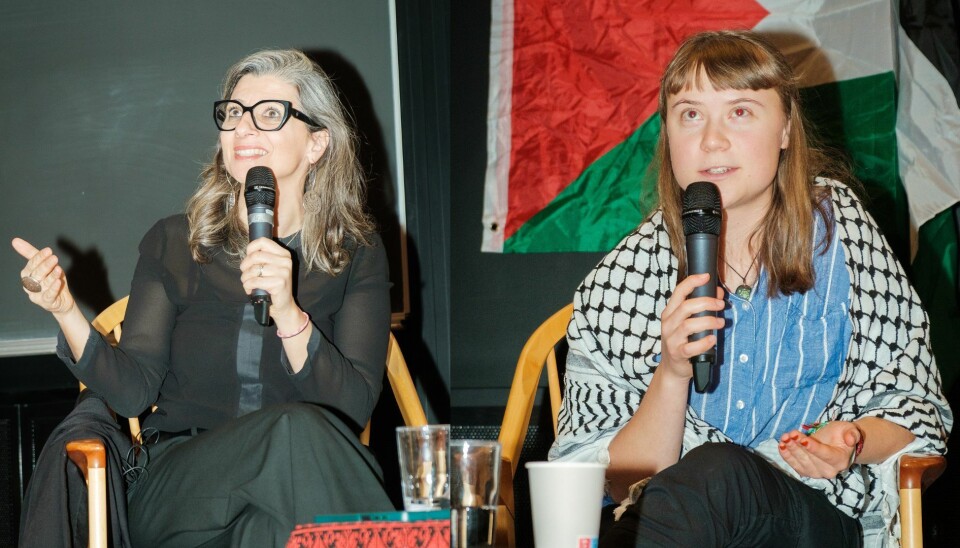 SOLIDARITET: Greta Thunberg og Francesca Albanese deltok på eit samtalemøte om Palestina-konflikten på Blindern.